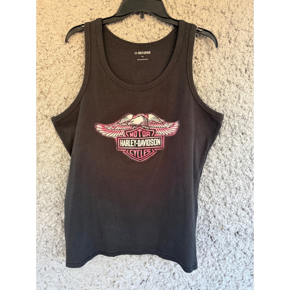 Harley-Davidson Womens 2XL Ribbed Tank Top Black Pink Eagle Open Road Wisconsin